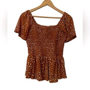 Ember Rust Color Floral Smocked Peplum Top MEDIUM